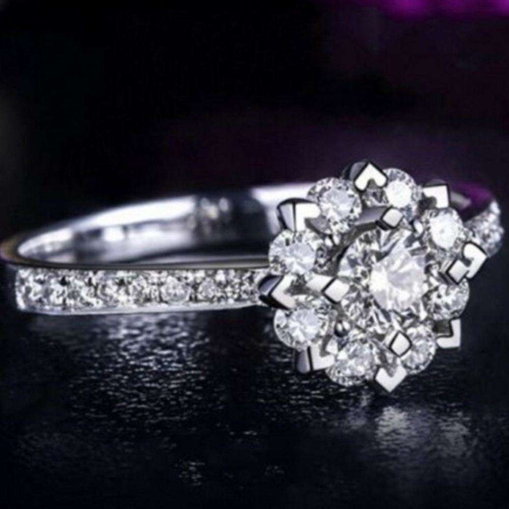 Snowflake Wedding Ring, Silver Flower Ring 7.5
